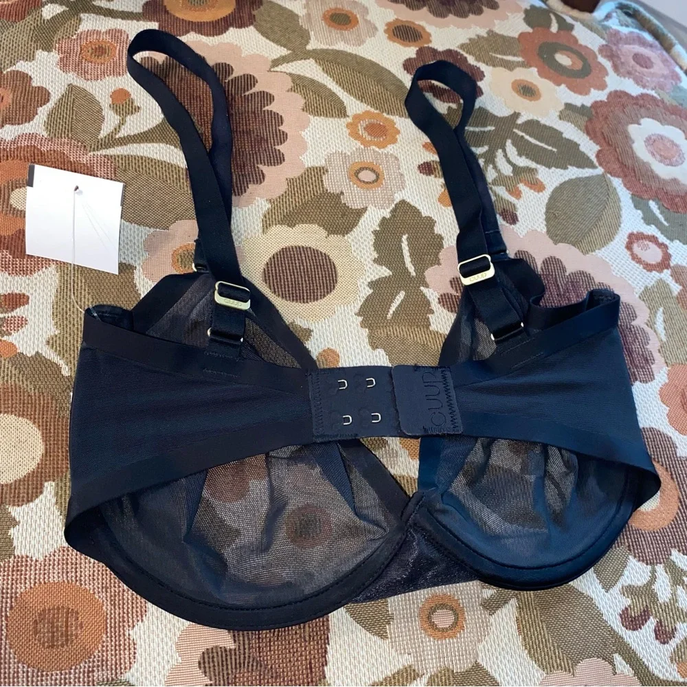 NEW CUUP The Plunge Sheer Bra Black Mesh Underwire Demi Bralette 14K Gold Detail